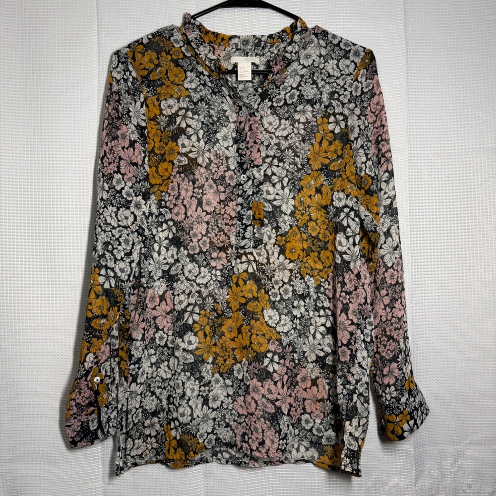 H&M Floral Blouse 6 Multicolor Ruffle Trim Henley Top